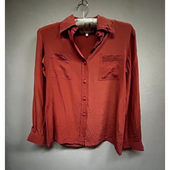 Vintage Rive Gauche Women's Rust Orange Silk Button Up Long Sleeve Shirt Small